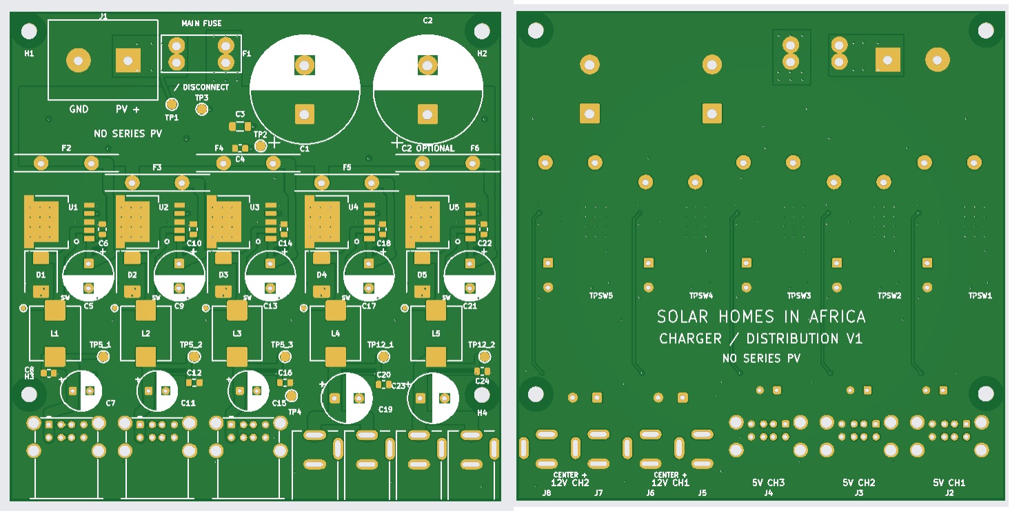 Top and bottom fabrication views of the Solar Distributor V1 printed circuit board