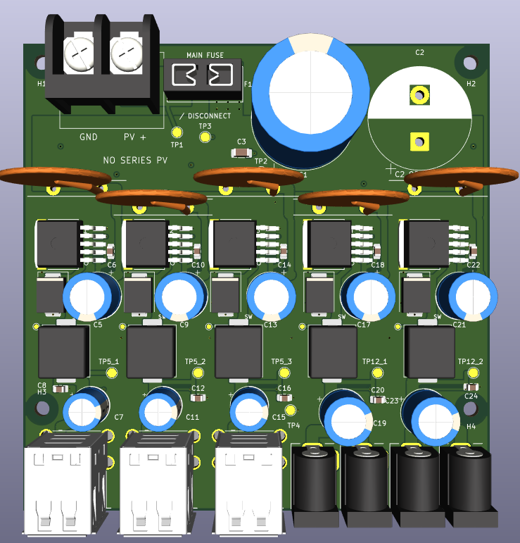 3D rendering of the Solar Distributor V1 printed circuit board with input terminal, fuse, capacitors, regulators, USB outputs and barrel jacks